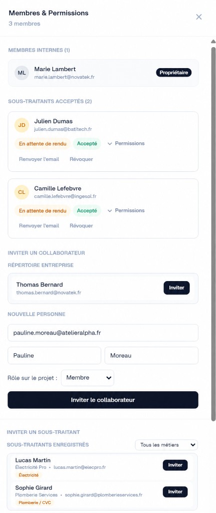 Panneau Membres : collaborateurs internes, sous-traitants acceptés et formulaires d'invitation